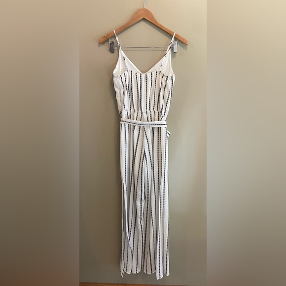 One Clothing: White Jumpsuit Romper with Black and Maroon Pattern Stripes - Picture 11 of 17